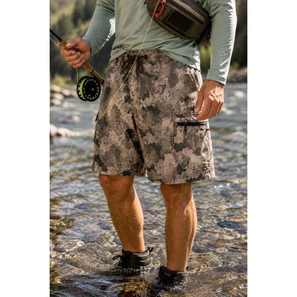 Simms Hex Camo Fishing Cargo Shorts Zip Pocket Wading Outdoor Brown Gray XL